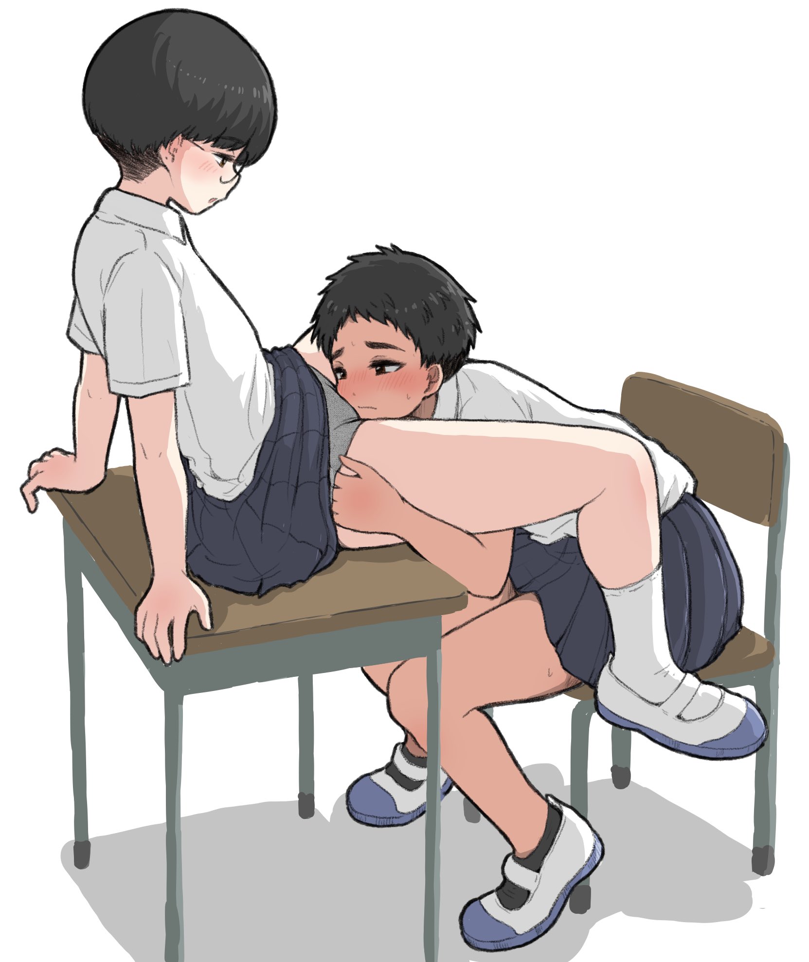 2girls black_hair blush bowl_cut desk face_in_crotch glasses hand_in_panties highres imminent_cunnilingus multiple_girls nervous noe_aoikaba on_desk open_mouth original panties pixie_cut school_uniform shoes sitting smelling smelling_pussy spread_legs tan tomboy underwear uwabaki yuri