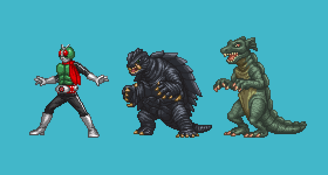 1boy antennae arm_spikes belt blue_background boots claws colored_sclera crossover daiei_film dinosaur fins gamera gamera_(series) gamera_3:_revenge_of_iris gloves gorgo_(film) green_eyes head_fins helmet ishimori_prod kaiju kamen_rider kamen_rider_(series) kamen_rider_1 monster multiple_crossover n-miles ogra open_mouth orange_sclera pixel_art red_eyes scarf sea_monster sharp_teeth shell simple_background spiked_shell spikes superhero_costume tail teeth toei_company tongue turtle turtle_shell tusks