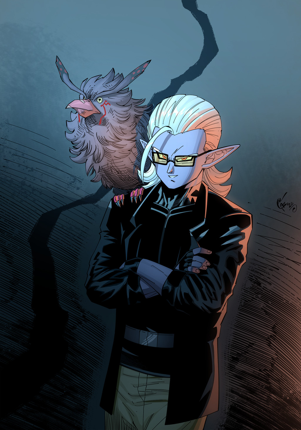 1boy animal animal_on_shoulder belt bird bird_on_shoulder black-framed_eyewear black_jacket blazer colored_skin commentary crossed_arms dragon_ball dragon_ball_heroes english_commentary fingerless_gloves fu_(dragon_ball) glasses gloves hair_slicked_back hatching_(texture) highres jacket looking_at_viewer male_focus medium_hair muscular muscular_male pants pointy_ears purple_skin red_eyes shirt signature smile somegfguy tinted_eyewear turtleneck turtleneck_shirt white_hair yellow-tinted_eyewear yellow_pants
