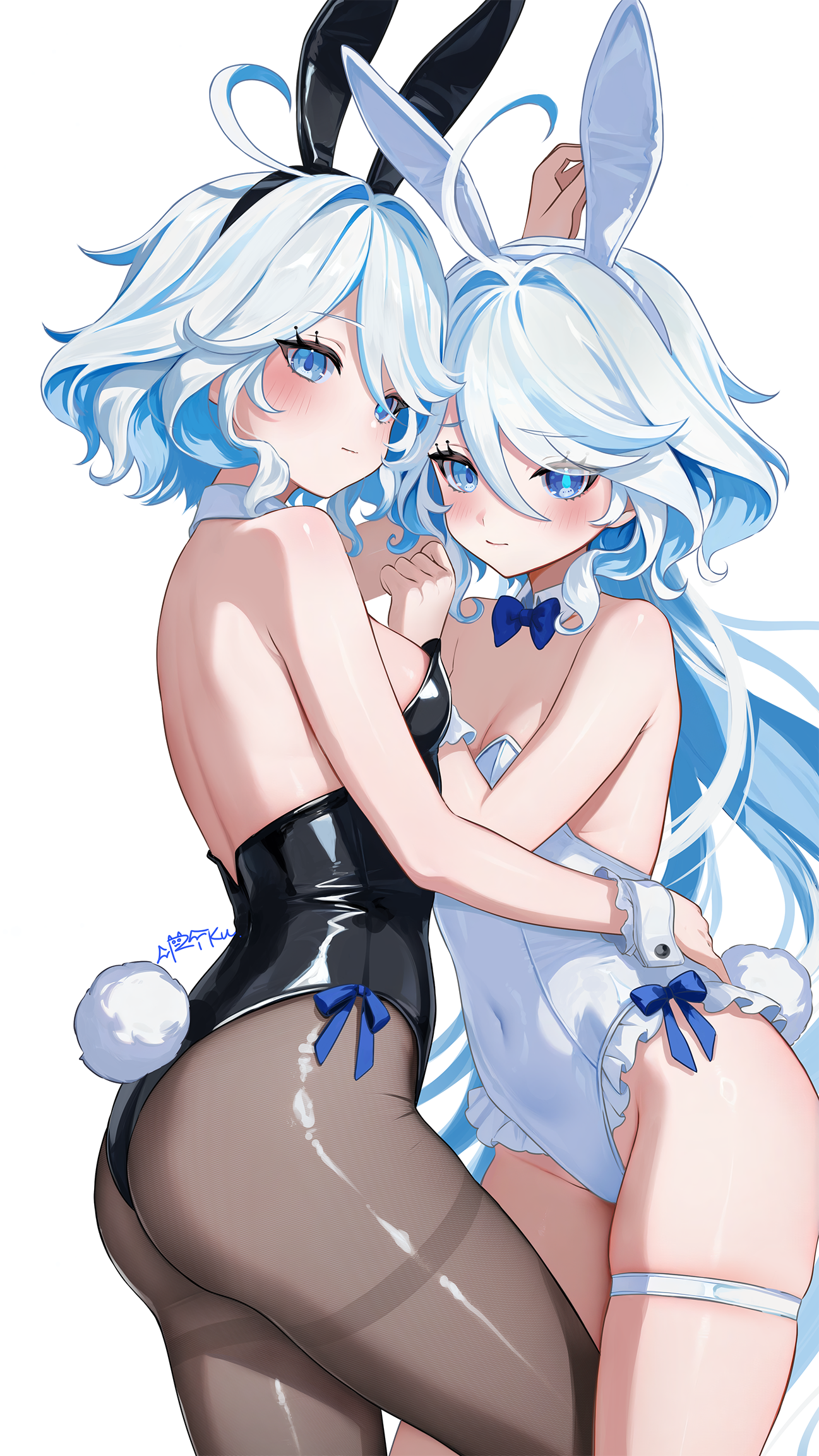 2girls ahoge animal_ear_hairband animal_ears backless_leotard bare_back bare_shoulders black_hairband black_leotard black_pantyhose blue_bow blue_bowtie blue_eyes blue_hair blue_pupils blush bow bowtie breasts cleavage closed_mouth collar commentary_request covered_navel detached_collar drop-shaped_pupils fake_animal_ears fake_tail from_side furina_(genshin_impact) genshin_impact hair_between_eyes hairband heterochromia highres leg_between_thighs leotard looking_at_viewer looking_to_the_side medium_breasts medium_hair multiple_girls pantyhose playboy_bunny rabbit_ears rabbit_tail rrr_gns_(riuriu_1212) simple_background strapless strapless_leotard symbol-shaped_pupils tail thigh_strap white_background white_collar white_hair white_hairband white_leotard white_wrist_cuffs wrist_cuffs yuri