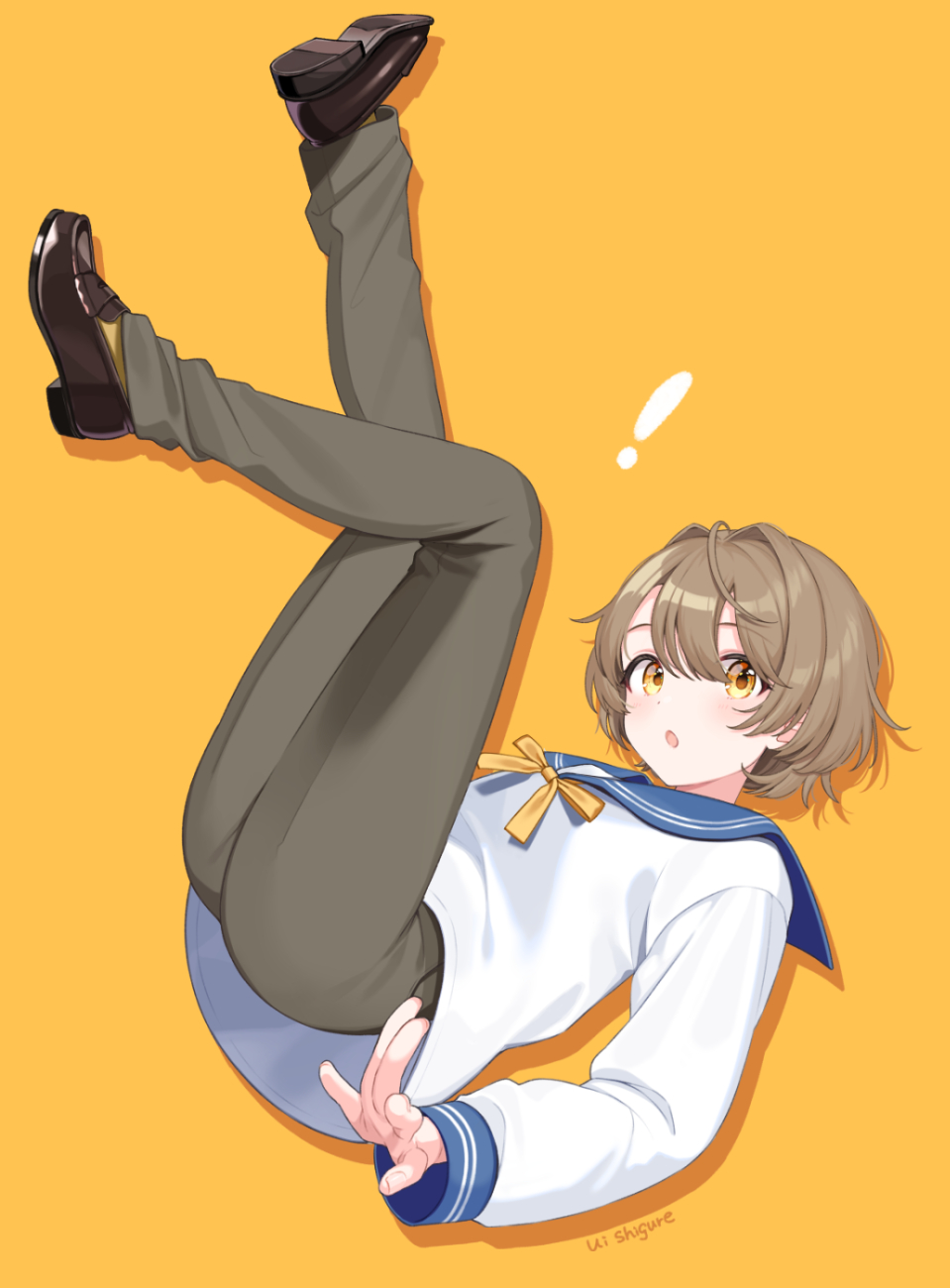 ! 1girl :o black_shoes blonde_hair blue_sailor_collar commentary_request double-parted_bangs full_body grey_pants hair_between_eyes hair_intakes highres legs_up loafers long_sleeves looking_at_viewer open_mouth original pants sailor_collar sailor_shirt school_uniform shigure_ui shirt shoes short_hair simple_background solo white_shirt yellow_background yellow_eyes