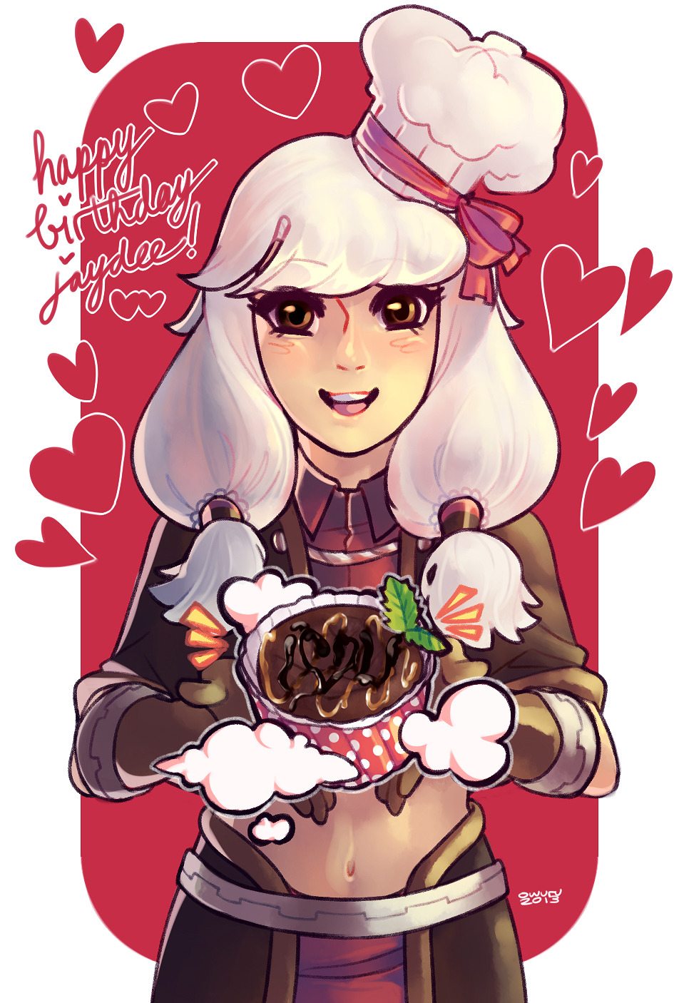 1girl 2013 adapted_costume blush brown_capelet brown_eyes brown_gloves brown_skirt cake capelet chef_hat collared_shirt commentary cowboy_shot crop_top english_commentary food gloves hair_tubes happy_birthday hat heart highres holding holding_cake holding_food long_hair looking_at_viewer mage_(ragnarok_online) memoryjoule navel open_mouth ragnarok_online red_background red_shirt shirt sidelocks skirt smile solo two-tone_background white_background white_hair white_hat
