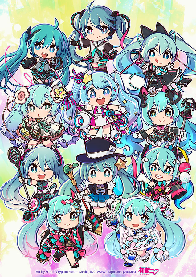 &gt;:) 6+girls :&gt; :o :q absurdly_long_hair ahoge annotated aqua_eyes aqua_hair aqua_skirt bell belt black_bow black_headwear black_skirt blue_bow blue_dress blue_necktie blue_ribbon blunt_bangs boots bow bowtie braid card chibi closed_mouth collared_dress crossed_bangs dress everyone floating_hair flower folding_fan fur-trimmed_boots fur-trimmed_dress fur_trim gloves gradient_hair green_eyes grin hair_between_eyes hair_flower hair_ornament hand_fan handbell hat hatsune_miku headset heart holding holding_bell holding_fan holding_microphone holding_wand japanese_clothes kimono long_hair looking_at_viewer magical_mirai_(vocaloid) magical_mirai_miku magical_mirai_miku_(2013) magical_mirai_miku_(2014) magical_mirai_miku_(2015) magical_mirai_miku_(2016) magical_mirai_miku_(2017) magical_mirai_miku_(2018) magical_mirai_miku_(2019) magical_mirai_miku_(2020_summer) magical_mirai_miku_(2020_winter) magical_mirai_miku_(2021) magical_mirai_miku_(2022) mago microphone microphone_wand mini_hat mini_top_hat multicolored_dress multicolored_hair multiple_girls necktie official_art okobo one_eye_closed open_mouth pink_bow pink_bowtie pink_dress pink_gloves pink_hair pink_necktie pink_ribbon platform_sandals playing_card purple_hair radio_antenna reaching reaching_towards_viewer ribbon rocket_ship round_teeth sandals single_thighhigh skirt sleeveless sleeveless_dress smile spacecraft star-shaped_pupils star_(symbol) star_hair_ornament streaked_hair symbol-shaped_pupils teeth thigh_strap thighhighs tongue tongue_out top_hat twintails two-tone_bow two-tone_gloves two-tone_necktie two-tone_ribbon upper_teeth_only v-shaped_eyebrows very_long_hair vocaloid wand waving white_bow white_dress white_gloves white_hair yukata