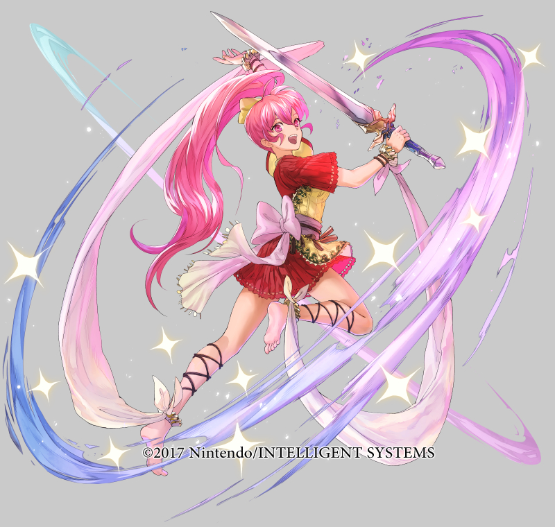 1girl barefoot belt bow bracelet commentary_request copyright_notice fire_emblem fire_emblem:_mystery_of_the_emblem fire_emblem:_new_mystery_of_the_emblem fire_emblem_heroes full_body grey_background jewelry long_hair mayo_(becky2006) nintendo official_art open_mouth phina_(fire_emblem) pink_eyes pink_hair ponytail solo sparkle sword teeth weapon