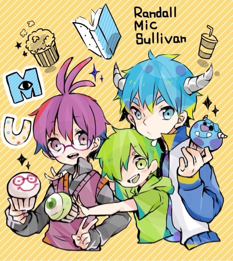 3boys blue_eyes green_eyes green_hair hair_over_one_eye horns james_p._sullivan male_focus mike_wazowski monsters_inc. multiple_boys necktie open_mouth personification purple_hair randall_boggs repikinoko sharp_teeth shirt short_hair smile teeth yaoi