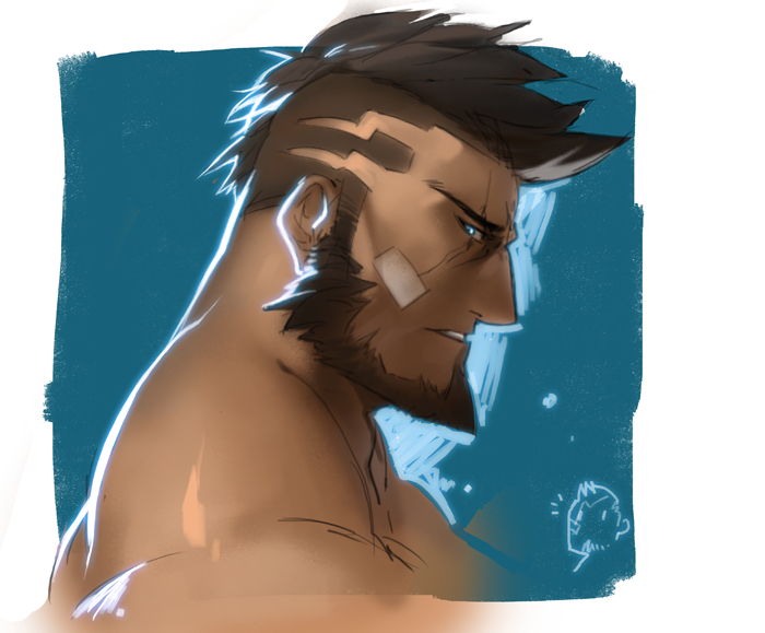 2boys aaron_huton_(cyphers) bandaid bandaid_on_cheek bandaid_on_face bara beard black_hair blue_eyes chibi chibi_inset cropped_torso cyphers damian_doyle_(cyphers) dark-skinned_male dark_skin facial_hair from_side frown glowing glowing_eyes gomtang male_focus mature_male mohawk multiple_boys muscular muscular_male portrait short_hair undercut