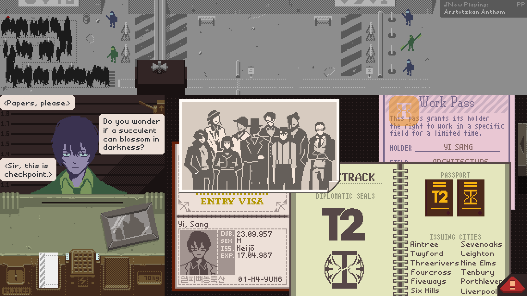1boy aseah_(project_moon) character_name collared_shirt dongbaek_(project_moon) dongrang_(project_moon) english_text fake_screenshot gameplay_mechanics gubo_(project_moon) highres jae-heon k_corp_class_3_staff_(limbus_company) limbus_company looking_at_viewer papers_please passport photo_(object) project_moon redm0e rim_(project_moon) road shirt yi_sang_(project_moon)