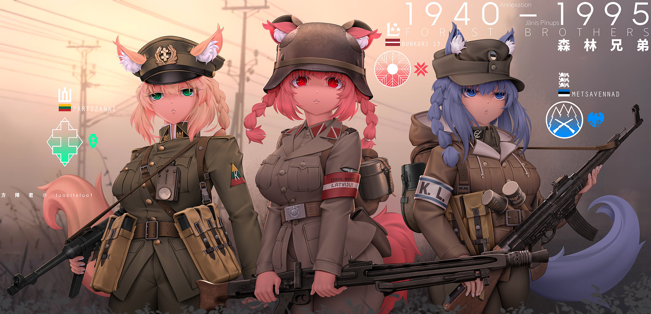 3girls animal_ear_fluff animal_ears armband assault_rifle backpack bag belt blonde_hair blue_eyes blue_hair braid breasts brown_belt brown_jacket brown_pants cold_war combat_helmet dog_ears dog_tail ears_through_headwear estonia estonian_flag explosive fang_zhenjun green_eyes green_hat grenade gun hat helmet highres holding holding_gun holding_weapon hood hooded_jacket jacket large_breasts latvia latvian_flag lithuania lithuanian_flag long_sleeves machine_gun magazine_(weapon) medium_breasts mg42 military_combat_uniform military_uniform mp40 multiple_girls original pants red_eyes red_hair rifle side_braid side_braids soldier stahlhelm standing stg44 stielhandgranate submachine_gun tail weapon