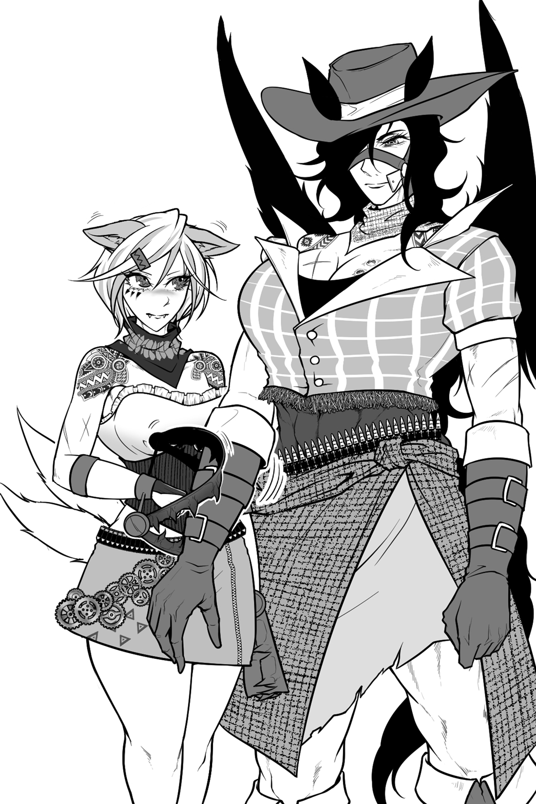2girls animal_ears bandana bandolier bear_trap belt breasts bullet cleavage closed_mouth commentary_request cowboy_hat cowboy_shot dog_ears dog_girl dog_tail ears_down ears_through_headwear feathered_wings gloves greyscale hat highres horse_ears horse_tail kurokoma_saki large_breasts looking_at_viewer medium_breasts mitsugashira_enoko monochrome multiple_girls multiple_tails ryuuichi_(f_dragon) shirt short_hair short_sleeves shoulder_tattoo simple_background skirt strapless strapless_shirt tail tattoo threat touhou wings