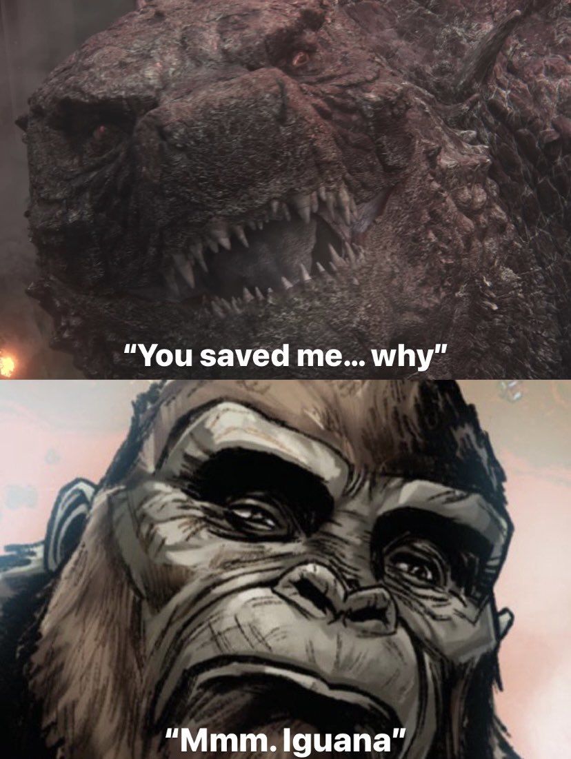 2boys ape artist_request claws crossover english_text giant giant_monster godzilla godzilla_(series) godzilla_vs._kong godzilla_x_kong:_the_new_empire gorilla injury kaiju king_kong king_kong_(series) legendary_pictures looking_at_another meme meme_attire monster monsterverse multiple_boys no_humans no_pupils sharp_teeth simple_background teeth toho yellow_eyes