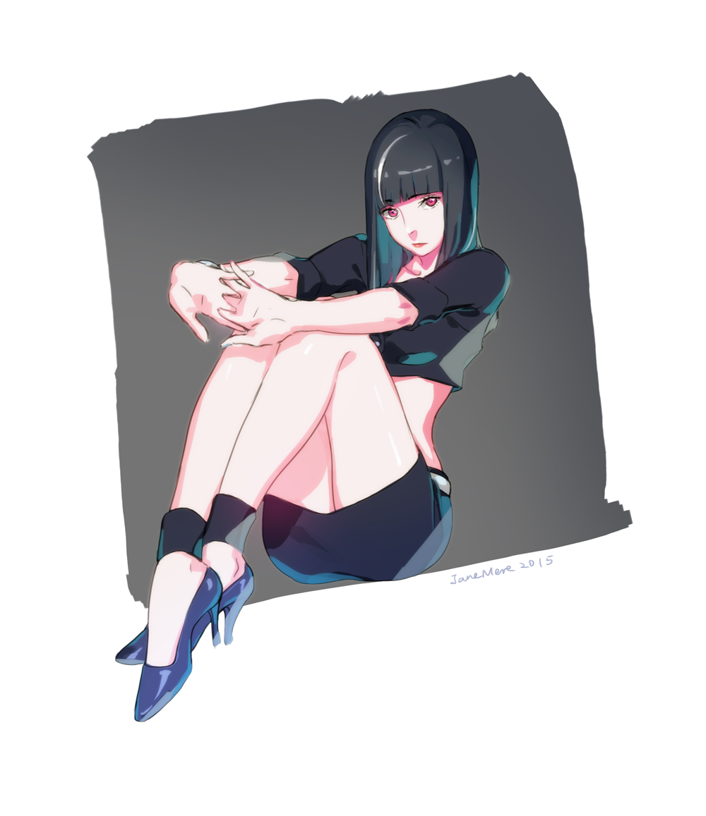 10s 1girl 2015 artist_name black_hair black_shirt black_skirt blunt_bangs chiyuki_(death_parade) cracking_knuckles crop_top crossed_arms crossed_legs death_parade female_focus grey_background hair_over_shoulder high_heels jane_mere kurokami_no_onna legs lights lipstick long_hair makeup midriff miniskirt multicolored_hair narrow_waist purple_eyes red_lips shirt sitting skirt solo two-tone_hair