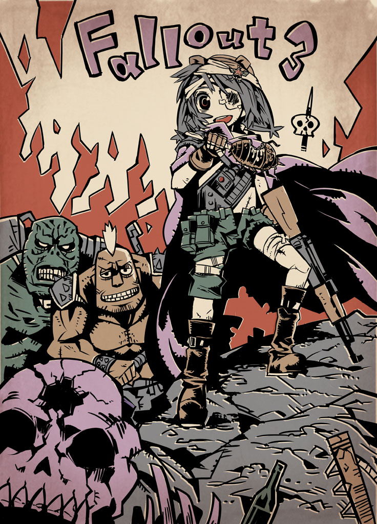 1girl armor bad_id bad_pixiv_id bandages bottle bug cape eyepatch fallout fallout_3 fire gun kuma_jet kumajet3 mutant pauldrons radiation radroach raider_(fallout) rifle ruins shorts shoulder_armor skull star_(symbol) super_mutant weapon
