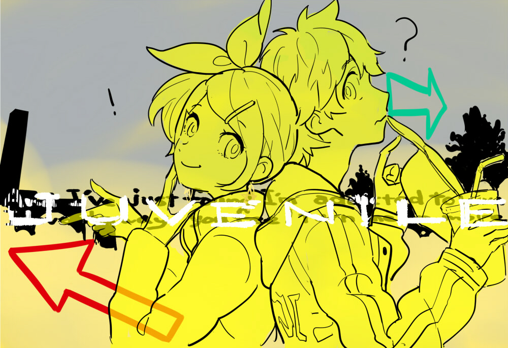 ! 1boy 1girl ? arrow_(symbol) back-to-back bow_hairband eyelashes grey_sky hair_ornament hairband hairclip hat holding holding_unworn_clothes holding_unworn_hat jacket juvenile_(vocaloid) kagamine_len kagamine_rin long_sleeves looking_at_viewer mitosa monochrome outdoors short_hair sky smile song_name unworn_hat unworn_headwear vocaloid wavy_mouth