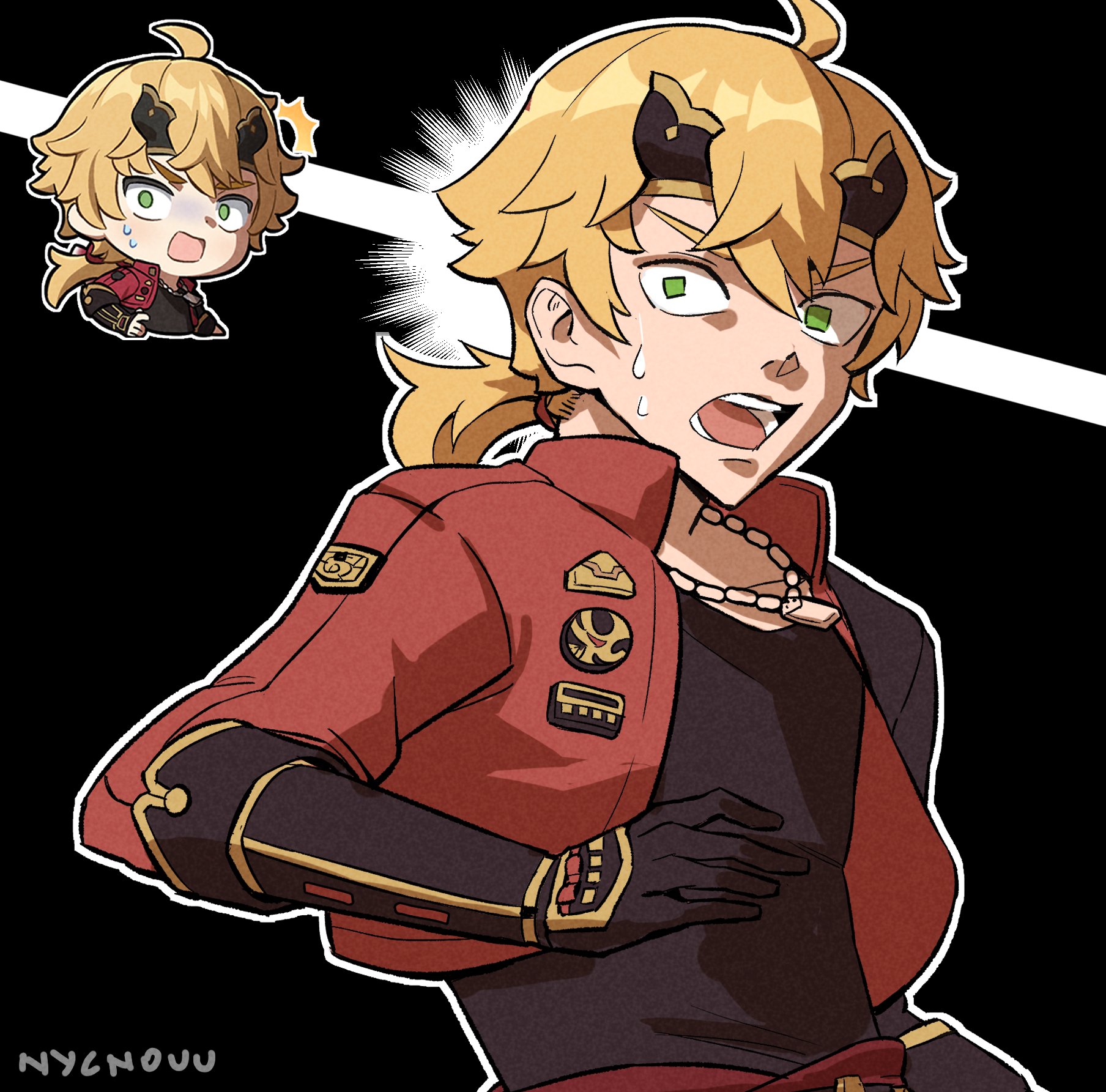 1boy ahoge armor artist_name black_background blonde_hair chibi chibi_inset collarbone collared_jacket cropped_jacket dog_tags fake_horns genshin_impact genshin_impact_sticker_redraw_(meme) green_eyes headband highres horned_headwear horns jacket japanese_armor kusazuri long_hair long_sleeves low_ponytail meme nycnouu open_clothes open_jacket open_mouth ponytail red_jacket surprised sweatdrop thoma_(genshin_impact) wrist_guards