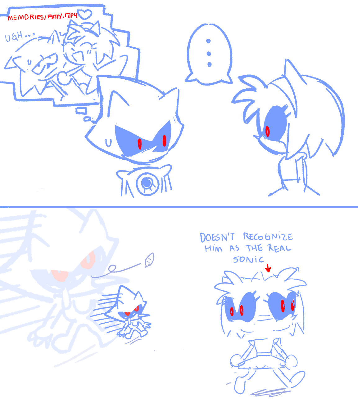 1boy 1girl amy_rose animal_ears black_sclera bootleg_metal_sonic_plush caffstrink chasing colored_sclera commentary english_commentary eyelashes hairband hedgehog_boy hedgehog_girl highres looking_at_another mechanical_arms mechanical_hands metal_amy metal_sonic red_eyes robot running sonic_(series) sonic_the_hedgehog