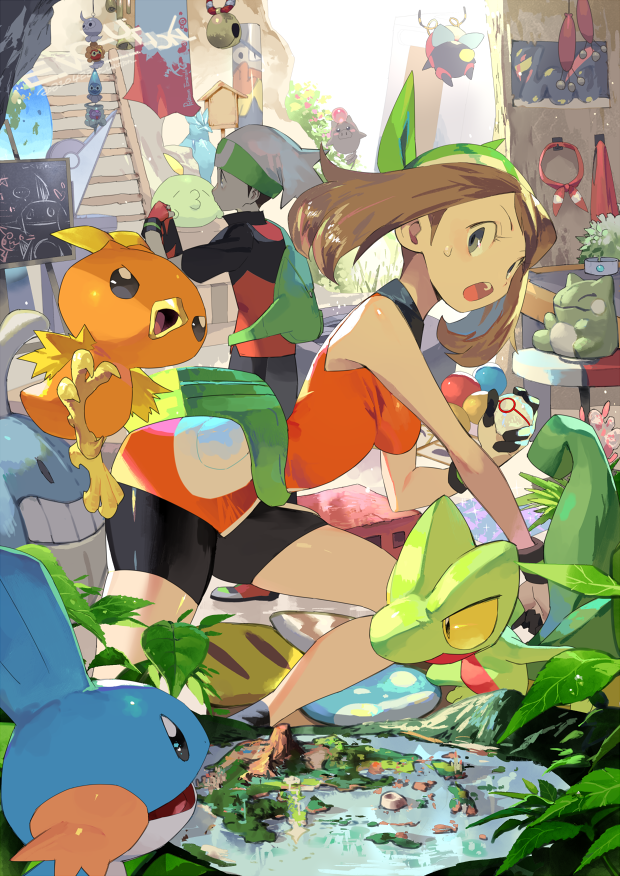 1boy 1girl articuno backpack bag bandana beanie bike_shorts breasts brendan_(pokemon) brown_hair castform castform_(normal) castform_(rainy) castform_(snowy) castform_(sunny) chimecho commentary dress e_volution eyelashes gen_1_pokemon gen_3_pokemon gloves green_bag green_bandana grey_eyes gulpin hariyama hat holding holding_poke_ball legendary_pokemon looking_back marshtomp may_(pokemon) mudkip nintendo open_mouth orange_dress poke_ball pokemon pokemon_(creature) pokemon_emerald pokemon_rse poster_(object) premier_ball seviper short_dress short_sleeves sleeveless sleeveless_dress spoink substitute_(pokemon) sweatdrop teeth tongue torchic treecko upper_teeth_only volbeat wailmer water_drop white_gloves white_headwear