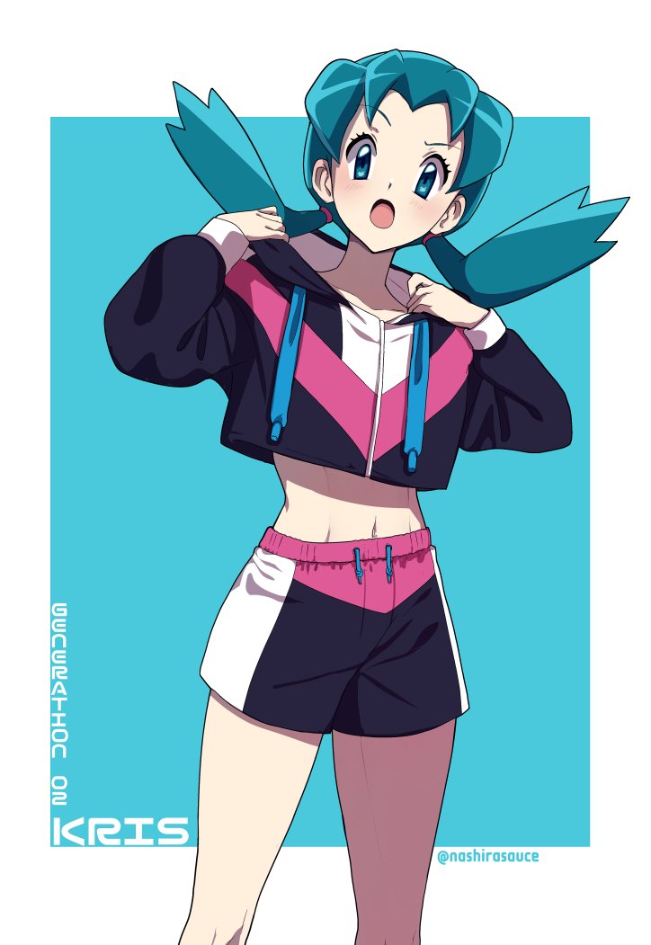 1girl :o alternate_costume blush border character_name commentary_request creatures_(company) cropped_hoodie eyelashes game_freak green_background green_eyes green_hair hands_up hood hood_down hoodie hoodie_tug knees kris_(pokemon) long_hair looking_at_viewer nashirasauce navel nintendo open_mouth pokemon pokemon_gsc shorts solo tassel twitter_username white_border