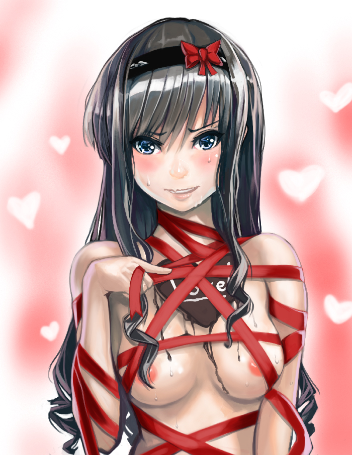 1girl amagami areola_slip bdsm black_hair blue_eyes blush bondage bound bow breasts candy chocolate chocolate_heart comic-z female_focus food gradient_background hairband heart heart_background long_hair looking_at_viewer morishima_haruka parted_lips ribbon ribbon_bondage small_breasts solo valentine