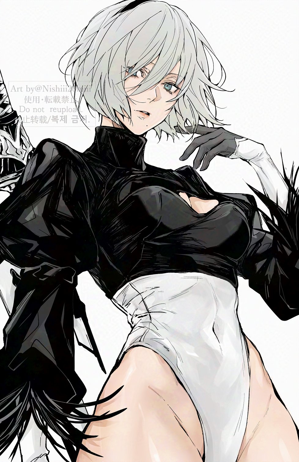 1girl 2b_(nier:automata) android breasts commentary gloves hairband highleg highleg_leotard highres juliet_sleeves leotard long_sleeves looking_at_viewer mole mole_under_mouth nier:automata nier_(series) nishiii26miii puffy_sleeves short_hair simple_background small_breasts solo sword thighs weapon white_background white_hair