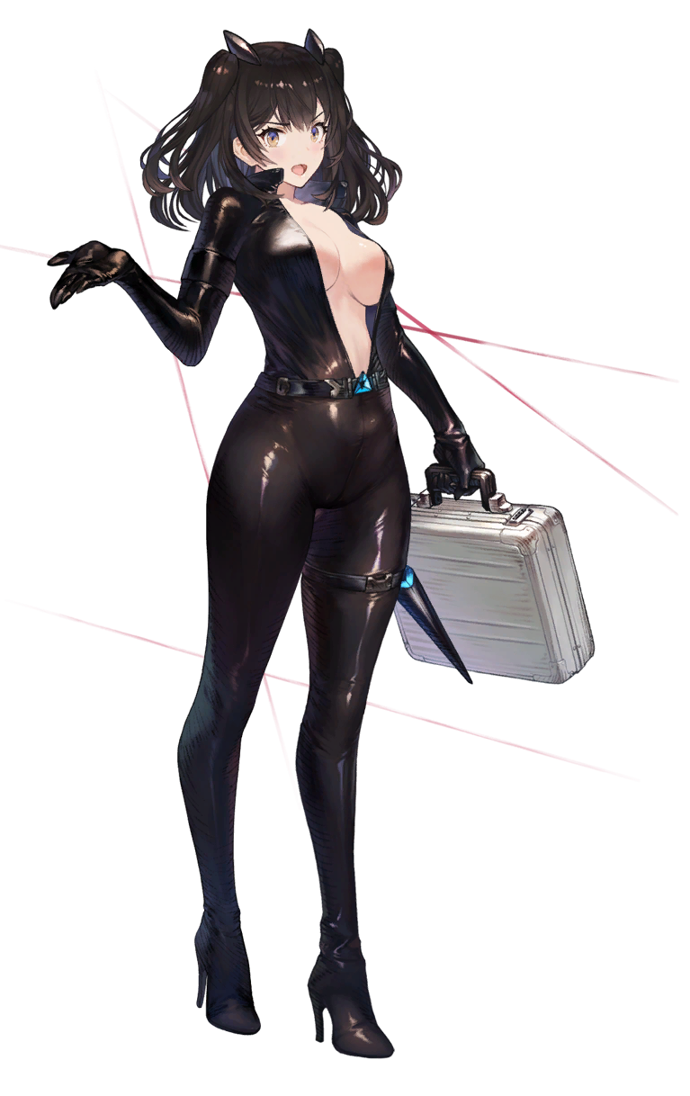 1girl belt black_bodysuit black_hair bodysuit breasts briefcase brown_dust_(series) brown_dust_2 brown_eyes cleavage covered_navel full_body game_cg hair_between_eyes highres holding holding_briefcase large_breasts looking_at_viewer medium_hair non-web_source official_art open_mouth partially_unzipped scheherazade_(brown_dust) scheherazade_(code_name_s)_(brown_dust) short_twintails simple_background skin_tight solo thigh_strap transparent_background twintails underboob