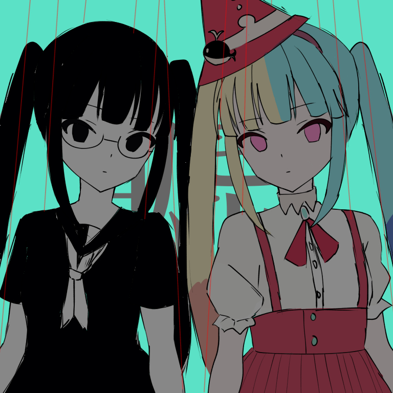 2girls aqua_hair black_hair blonde_hair bow closed_mouth dress fake_meme_(vocaloid) gloves hair_between_eyes hat hatsune_miku long_hair looking_at_viewer multiple_girls neck_ruff pink_eyes puppet_strings red_bow red_footwear red_hat red_skirt red_suspenders shirt sirasu_irasuto skirt twintails vocaloid