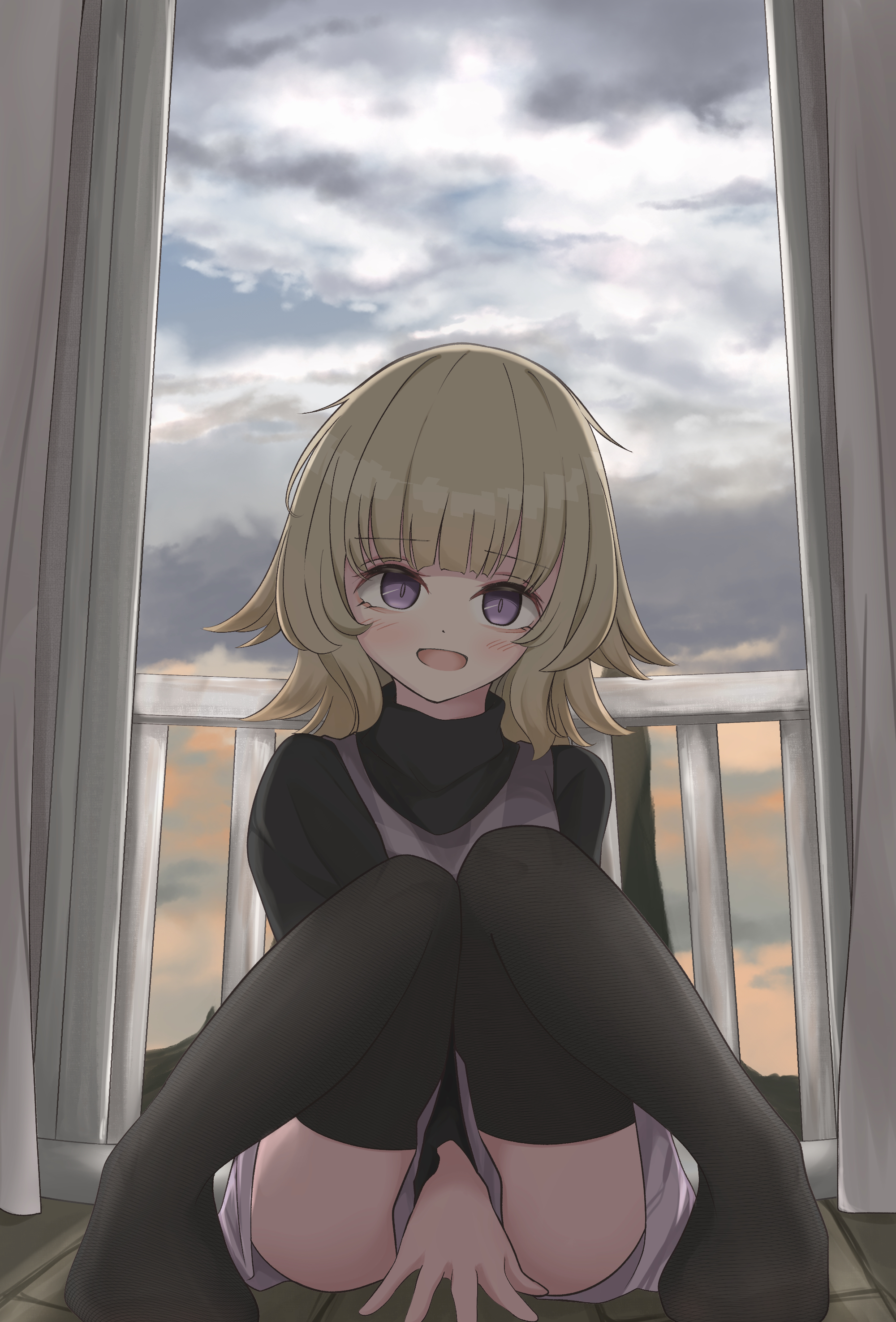 1girl absurdres balcony between_legs black_sweater black_thighhighs blonde_hair blunt_bangs cloud cloudy_sky commentary_request covering_privates grey_sweater_vest grey_vest hair_flaps hand_between_legs highres knees_together_feet_apart looking_at_viewer medium_hair mitarashi_dayo no_shoes open_mouth plaid_clothes plaid_vest purple_eyes sitting skirt sky smile solo sweater sweater_vest thighhighs thighs turtleneck turtleneck_sweater urotsuki vest white_skirt yume_2kki zettai_ryouiki