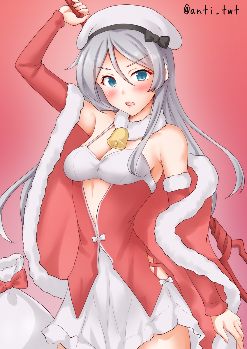 1girl alternate_costume anti_(untea9) blue_eyes breasts brown_hair cleavage cowboy_shot dress gradient_background hair_between_eyes hair_ornament highres javelin_(kancolle) johnston_(christmas)_(kancolle) kantai_collection long_hair open_mouth red_background red_dress small_breasts solo