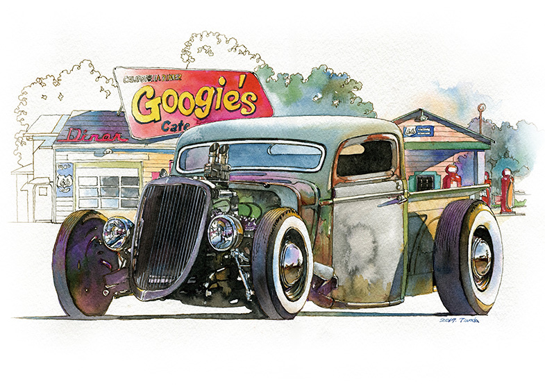 2019 artist_name car engine motor_vehicle no_humans original painting_(medium) shadow solo traditional_media tree vehicle_focus wada_takayoshi watercolor_(medium) wheel