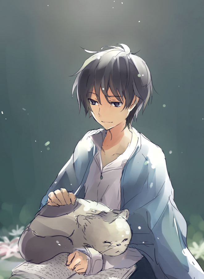 10s 1boy :&lt; bad_id bad_pixiv_id black_eyes black_hair blue_cape blurry blurry_background book buttons cape cat closed_eyes closed_mouth collarbone flower headpat karigurashi_no_arrietty light_particles long_sleeves male_focus open_book roka shirt short_hair shou_(karigurashi_no_arrietty) sleeping smile solo studio_ghibli white_shirt