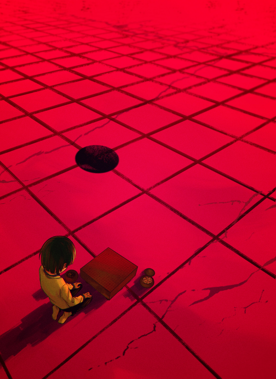 1boy black_hair black_pants board_game bowl crack cracked_floor from_above from_behind go_(board_game) grey_hair hands_on_own_thighs highres hikaru_no_go kotomeiro long_sleeves male_focus no_shoes pants red_theme seiza short_hair sitting socks solo symbolism touya_akira