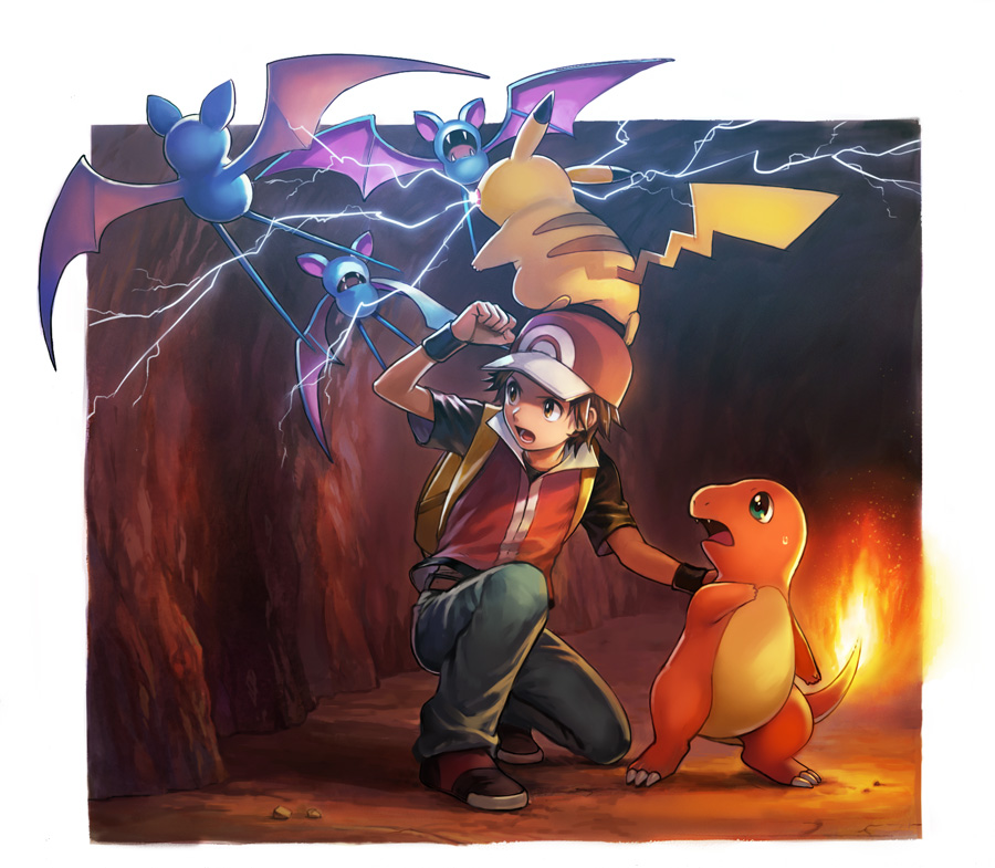 1boy backpack bad_id bad_pixiv_id bag baseball_cap bat_(animal) brown_hair cave charmander denim electricity fangs fire flame-tipped_tail gen_1_pokemon green_eyes hat jeans male_focus nintendo nona_(831korokke) open_mouth pants pikachu pokemon pokemon_(creature) pokemon_frlg red_(pokemon) red_(pokemon_frlg) short_sleeves tail wings zubat