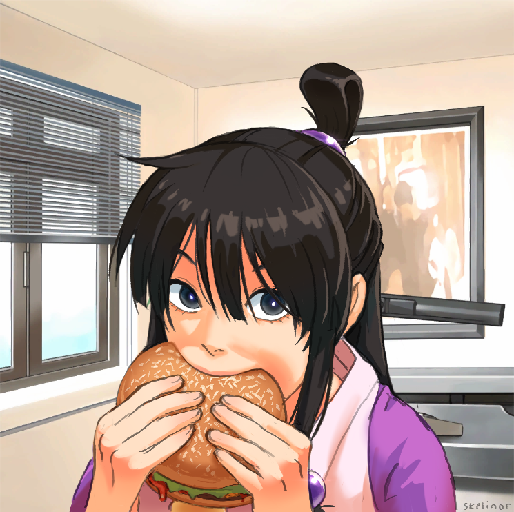 1girl ace_attorney black_hair burger eating food grey_eyes half_updo holding holding_burger holding_food indoors japanese_clothes jerma985_eating_a_whopper_(meme) maya_fey meme skelinor solo window