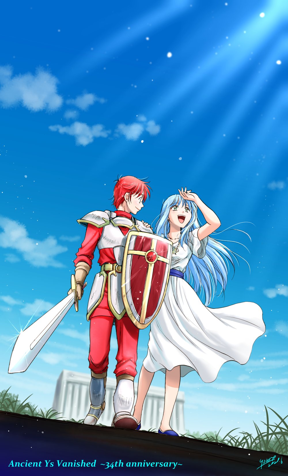 1boy 1girl :d adol_christin ancient_ys_vanished armor blue_hair blue_sash blue_sky cloud commentary_request dress faulds feena_(ys) fushimi_yuuri glint green_eyes highres holding holding_shield holding_sword holding_weapon long_hair looking_up open_mouth pauldrons red_hair sash shield short_hair shoulder_armor signature sky smile standing sword teeth upper_teeth_only weapon white_dress ys