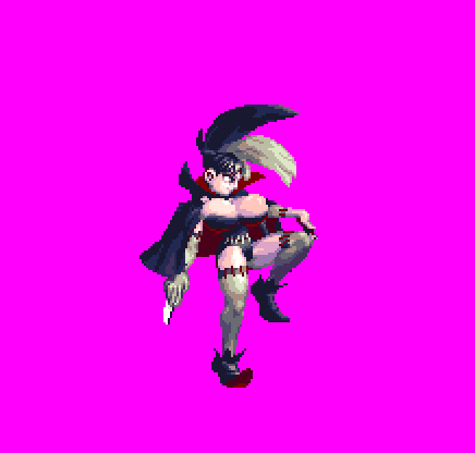 alternate_hair_length alternate_hairstyle animated animated_gif atlus black_hair blood bouncing_breasts breasts bustier cape cleavage elbow_gloves gloves high_collar huge_breasts knife leg_up lowres multicolored_hair necro_samantha pixel_art princess_crown short_hair stitches thighhighs thighs two-tone_hair vampire_costume vanillaware wrapped_up