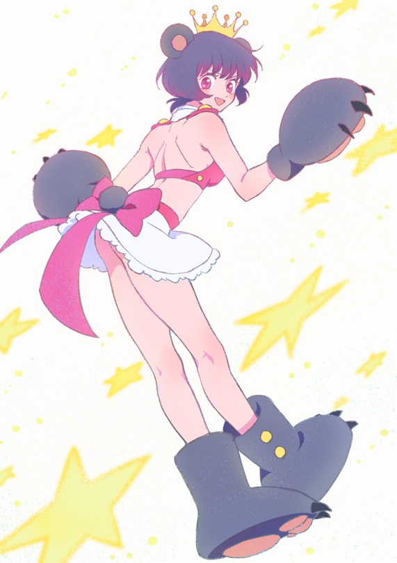 1girl :d akiyama_enma animal_ears ass bare_back bear_ears bear_girl bear_paws bear_tail black_hair breasts crop_top crown fang frilled_skirt frills full_body gradient_hair leaning_forward looking_at_viewer looking_back multicolored_hair open_mouth paw_shoes pink_eyes pink_hair short_hair skirt small_breasts smile solo standing star_(symbol) tail yuri_kuma_arashi yurishiro_ginko