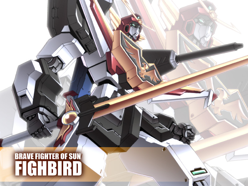 1990s_(style) fighbird fumizuki_homura great_fighbird gun mecha no_humans retro_artstyle robot solo sword taiyou_no_yuusha_fighbird weapon yuusha_series zoom_layer