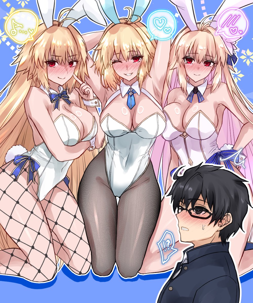 1boy 3girls archetype_earth archetype_earth_(third_ascension) arcueid_brunestud arcueid_brunestud_(mooncancer) bare_shoulders black_hair blonde_hair blush breasts fate/grand_order fate_(series) flower glasses hair_flower hair_ornament highres large_breasts leotard long_hair looking_at_viewer multiple_girls multiple_persona playboy_bunny red_eyes satou_nui short_hair smile tohno_shiki tsukihime very_long_hair