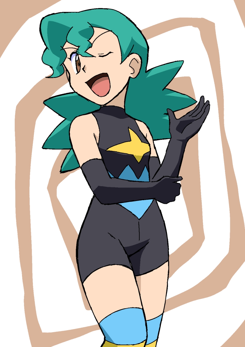 1girl aged_down aznakagoe bare_shoulders bike_shorts brown_eyes gloves green_hair hand_on_own_elbow highres jenny_(pokemon) long_glove marble_(pokemon) nintendo official_alternate_costume pokemon pokemon_(anime) pokemon_dp059 pokemon_dppt_(anime) skin_tight smile spandex striped_clothes striped_thighhighs thighhighs