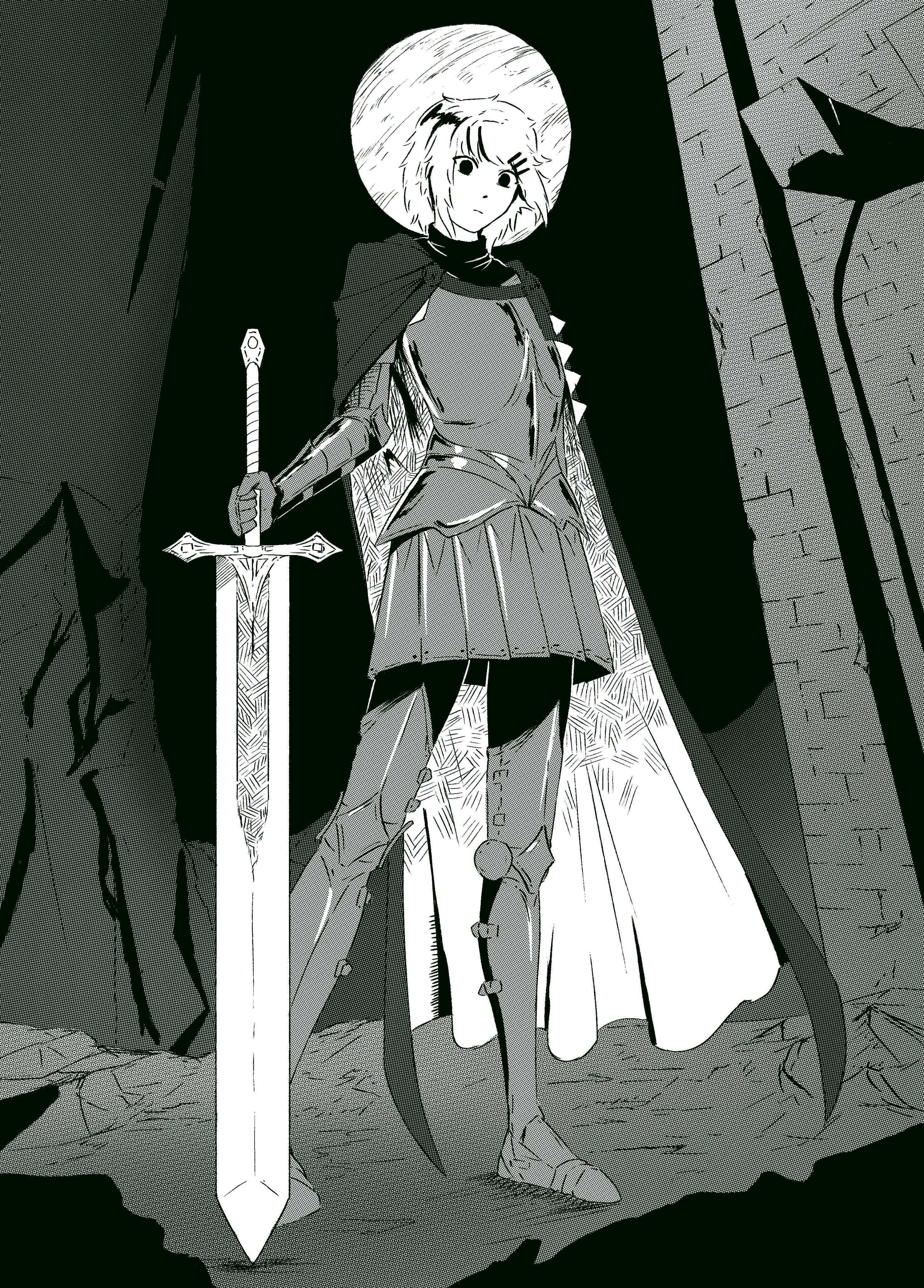 1girl absurdres armor armored_boots ben-day_dots black_sky boots cape castle commentary cuirass english_commentary expressionless faulds flat_chest floating_cape floating_hair from_below full_body full_moon gauntlets greaves hair_ornament hairclip hand_on_hilt high_contrast highres holding holding_sword holding_weapon knight legs_apart long_sword looking_down marie_(peripeteia) moon moon_behind_head moonlight night ornate_weapon outdoors partially_colored peripeteia sakotano screentones short_hair sky solid_circle_pupils solo standing sword weapon