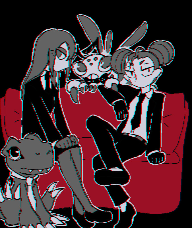 agumon_(black) black_eyes black_hair brown_eyes brown_hair digimon digimon_story:_cyber_sleuth fei_wong_tomoe_ignacio funbeemon hair_bun jacket kamishiro_yuuko long_hair short_hair