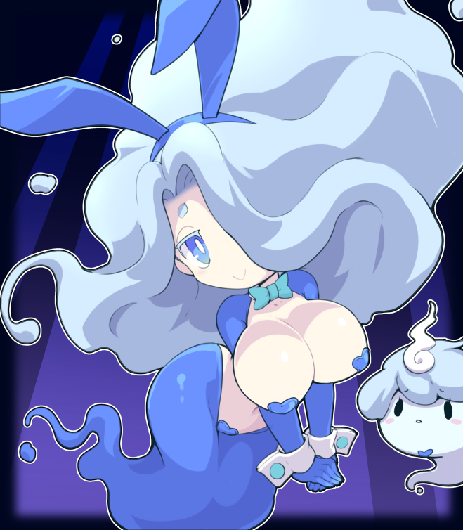 1girl animal_ears blue_eyes blue_hair bow bowtie breasts cleavage en&#039;enra enraenra_(youkai_watch) fake_animal_ears floating hair_over_one_eye heart_maebari heart_pasties koenra large_breasts long_hair looking_at_viewer maebari meme_attire monster_girl navel nollety pasties rabbit_ears revealing_clothes reverse_bunnysuit reverse_outfit shrug_(clothing) smile solo_focus traditional_youkai wrist_cuffs youkai_(youkai_watch) youkai_watch