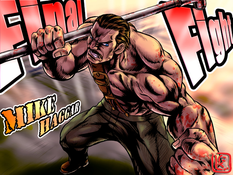 1boy blue_eyes capcom character_name clenched_hands copyright_name facial_hair final_fight gradient_background lead_pipe male_focus manly mike_haggar muscular mustache nikuji-kun short_hair solo street_fighter suspenders topless_male