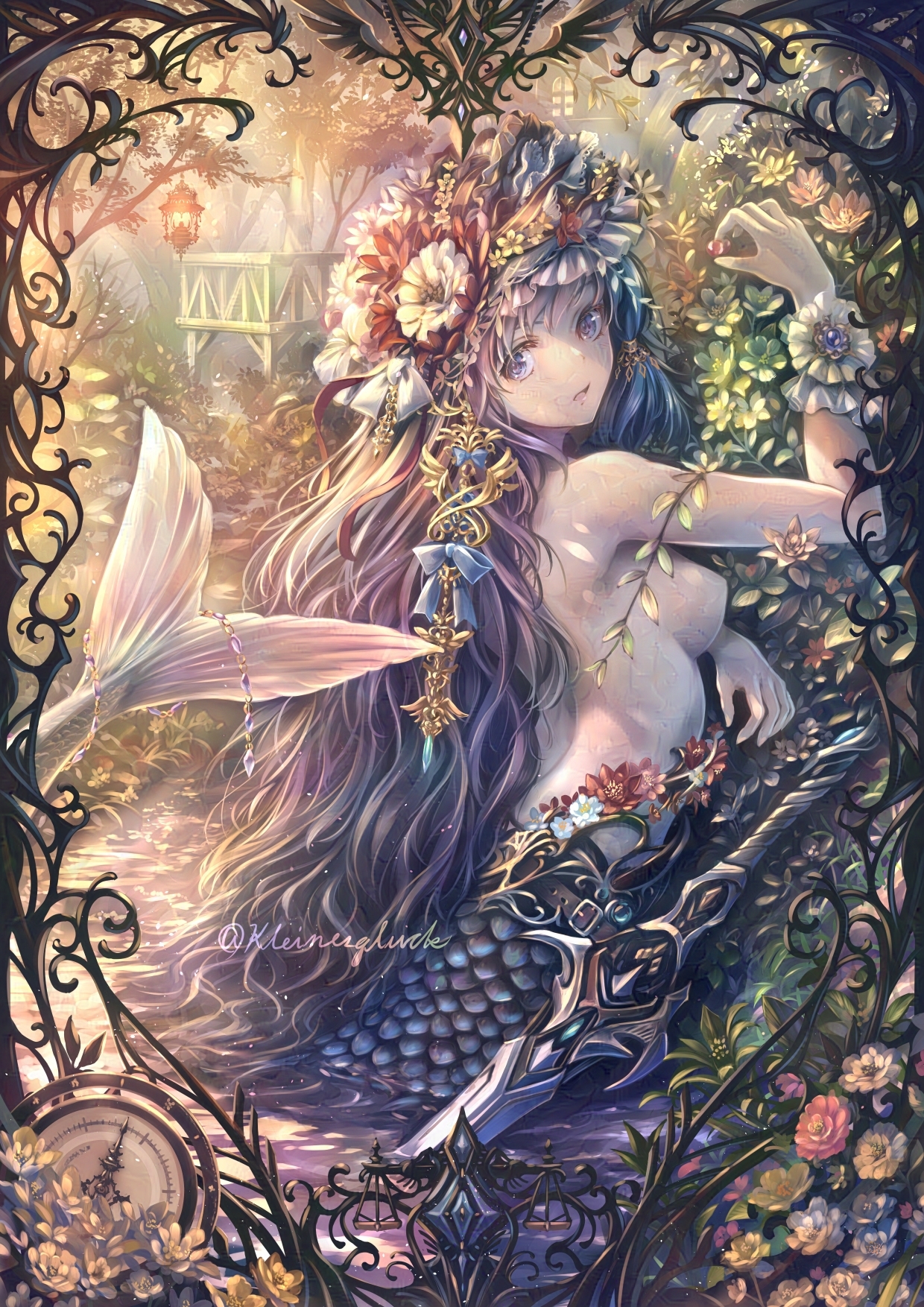 1girl adversarial_noise border breasts commentary completion_time fins fish_tail flower from_behind grey_eyes grey_hair hair_flower hair_ornament hand_up hanging_lantern highres jewelry lantern long_hair looking_back making-of_available medium_breasts mermaid monster_girl open_mouth original ornate_border outdoors purple_eyes purple_hair solo soraizumi sunrise sunset sword tail topless_female treehouse twitter_username very_long_hair water wavy_hair weapon