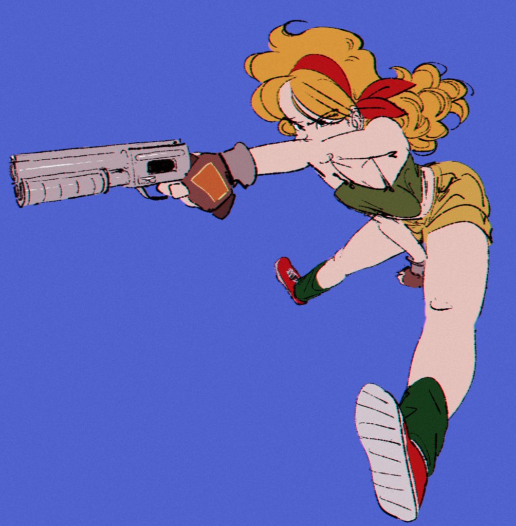 1girl bare_shoulders between_legs blonde_hair blue_background breasts brown_gloves cleavage crop_top cup curly_hair dragon_ball em.bani fingerless_gloves full_body gloves green_shirt green_socks hairband hand_between_legs holding holding_cup long_hair lunch_(bad)_(dragon_ball) lunch_(dragon_ball) medium_breasts midriff parted_bangs red_hairband red_shoes shirt shoes shorts sneakers socks solo spaghetti_strap yellow_shorts