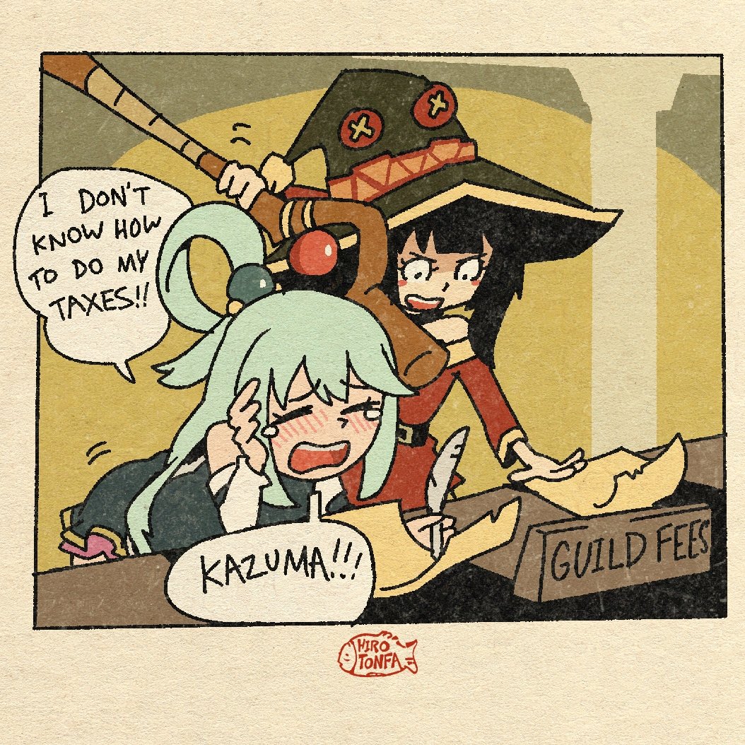 2girls aqua_(konosuba) artist_name bandages blue_hair blue_shirt blue_skirt blush casting_spell crying crying_aqua_(meme) desk detached_sleeves doing_taxes dress english_text hair_ornament hair_rings hat hirotonfa holding holding_paper holding_quill holding_staff kono_subarashii_sekai_ni_shukufuku_wo! long_hair megumin meme multiple_girls off-shoulder_dress off_shoulder open_mouth paper quill red_dress shirt short_hair_with_long_locks signature single_hair_ring skirt speech_bubble staff table tears witch_hat writing