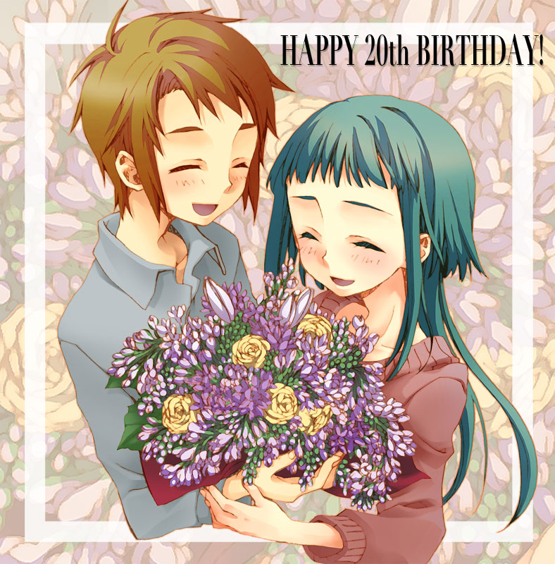 00s 1boy 1girl blunt_bangs bouquet brown_hair casual closed_eyes flower framed hair_down happy happy_birthday holding laughing lily_(flower) long_hair long_sleeves my-hime okuzaki_akira parted_bangs rose sidelocks smile tada_(pixiv2325397) tokiha_takumi yellow_flower yellow_rose zoom_layer