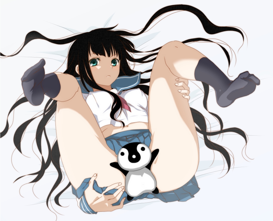 00s 1girl aqua_eyes bed_sheet bird black_hair black_socks blue_skirt breasts censored convenient_censoring covered_erect_nipples ekra female_focus green_eyes itoshiki_rin legs_up long_hair looking_at_viewer lying medium_breasts miniskirt navel no_bra on_back penguin pleated_skirt sayonara_zetsubou_sensei school_uniform serafuku skirt socks solo spread_legs