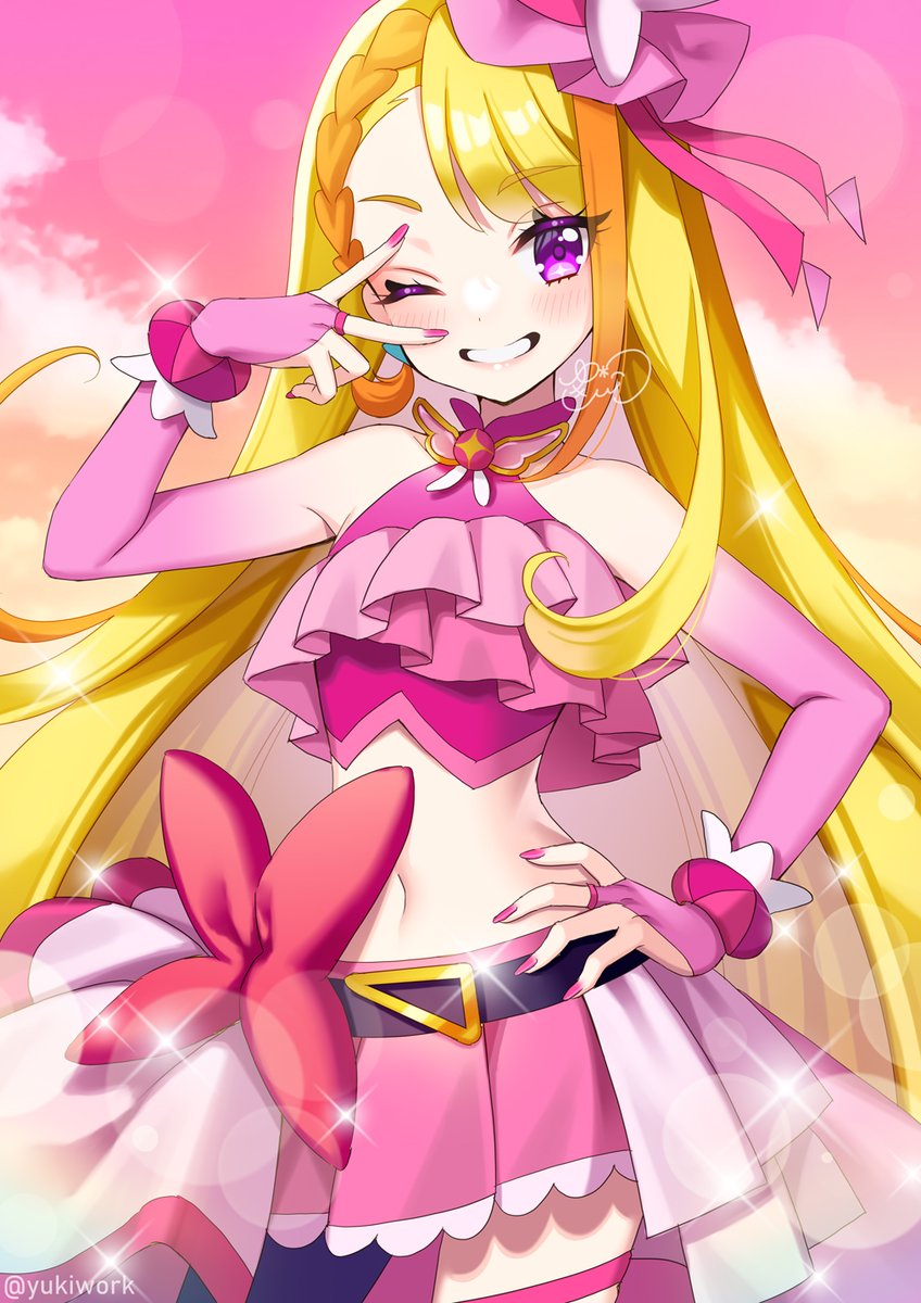 1girl belt_bow blonde_hair brooch cloud cloudy_sky cure_butterfly earrings gloves highres hijiri_ageha hirogaru_sky!_precure jewelry long_hair looking_at_viewer magical_girl midriff nail_polish one_eye_closed outdoors pink_background pink_headwear pink_skirt pink_sky precure purple_eyes single_leg_pantyhose skirt sky smile solo v very_long_hair wing_brooch yukinko_(yukiwork)