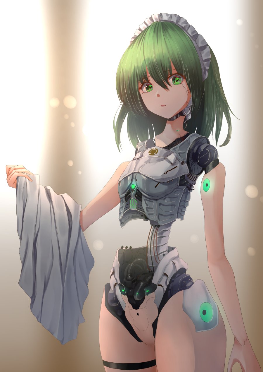 1girl android blurry blurry_background cable cowboy_shot glowing green_eyes green_hair hair_between_eyes highres holding holding_unworn_clothes light_particles looking_at_viewer maid_headdress mechabare medium_hair no_pussy nude open_mouth ruukoto solo standing tagme teruteru12 touhou touhou_(pc-98) unworn_clothes