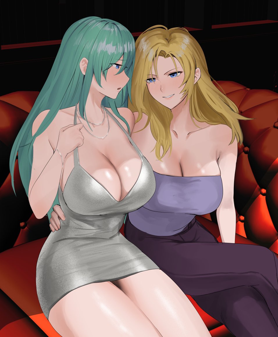 2girls alternate_costume blonde_hair blue_eyes blush breasts cleavage commission contemporary crop_top crossed_legs dress fire_emblem fire_emblem:_path_of_radiance fire_emblem:_radiant_dawn green_hair hand_on_another&#039;s_waist heather_(fire_emblem) large_breasts long_hair looking_at_another multiple_girls nephenee_(fire_emblem) nintendo open_mouth oyatsu_0 pants short_dress silver_dress sitting skeb_commission smile yuri